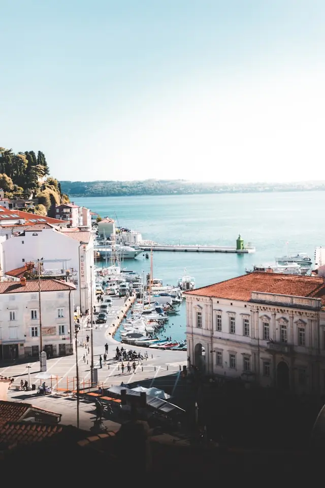 Waterfront and marina in Piran, Slovenia, overlooking the Adriatic Sea