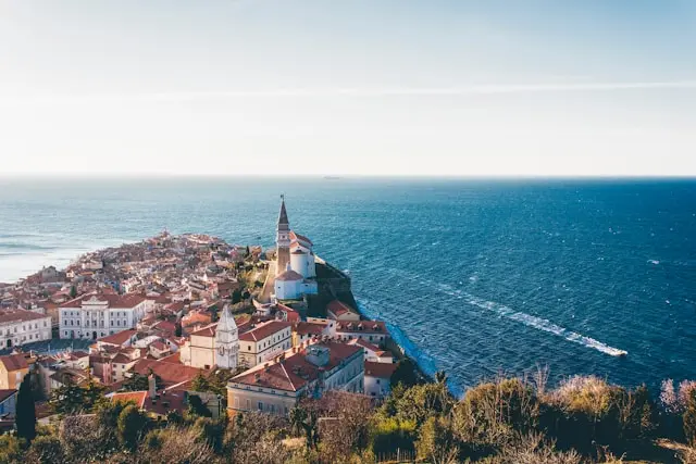 Panoramic view of Piran Old Town on the Adriatic coast of Slovenia