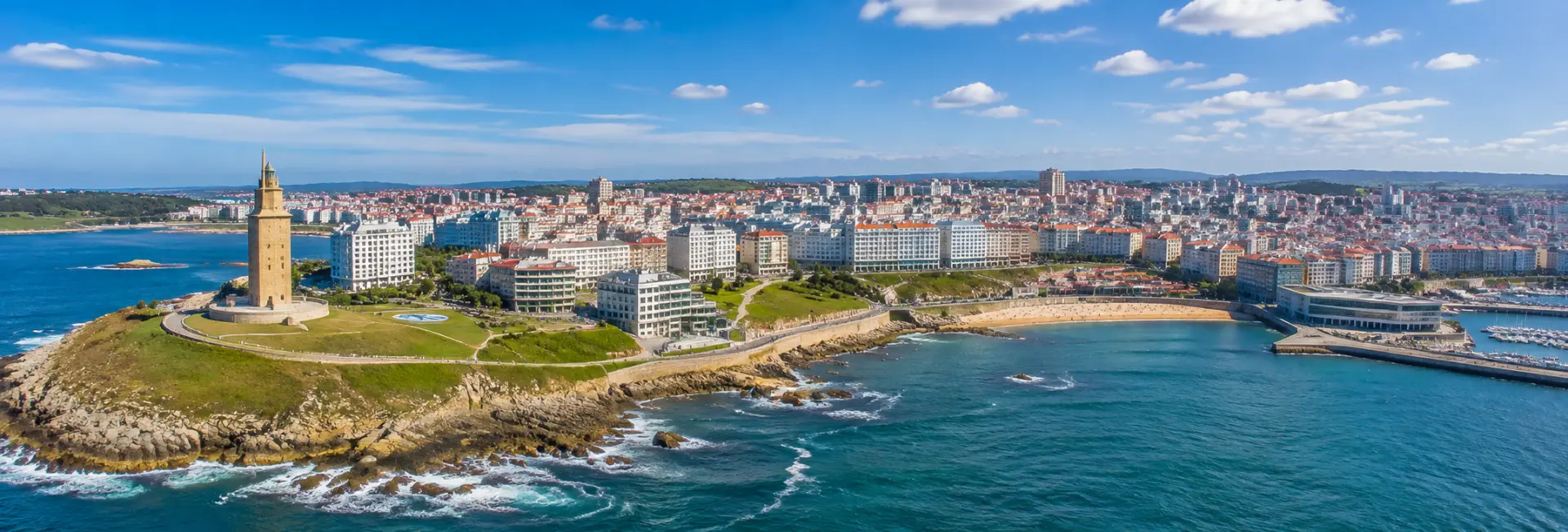 A Coruña, Spain skyline with Tower of Hercules, Atlantic coast and waterfront cityscape