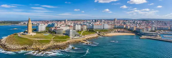 A Coruña, Spain skyline with Tower of Hercules, Atlantic coast and waterfront cityscape