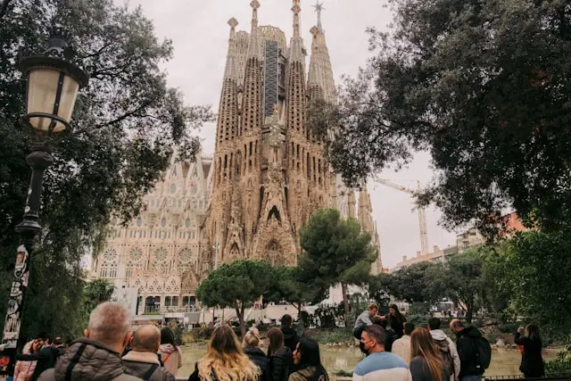Sagrada Família Basilica in Barcelona surrounded by trees