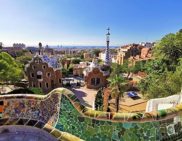 Park Güell with colorful mosaic architecture overlooking Barcelona