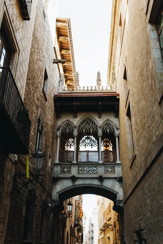 Gothic bridge over a narrow street in Barcelona's Gothic Quarter
