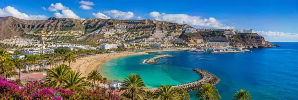 Gran Canaria, Spain panoramic view of golden beach, turquoise Atlantic waters, palm trees and volcanic mountains
