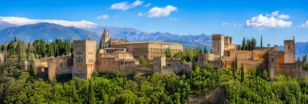 Granada, Spain with the historic Alhambra overlooking the city and Sierra Nevada mountains