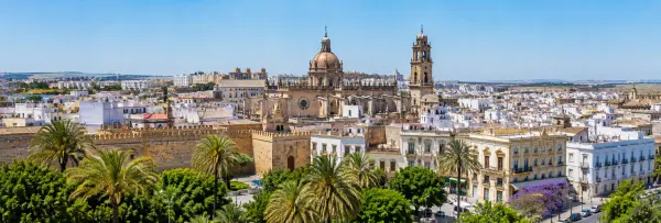 Jerez de la Frontera skyline with historic cathedral, Alcázar and whitewashed buildings in Spain