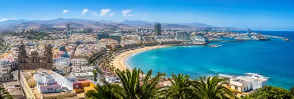 Aerial panoramic view of Las Palmas de Gran Canaria, Spain, with Las Canteras Beach and Atlantic Ocean