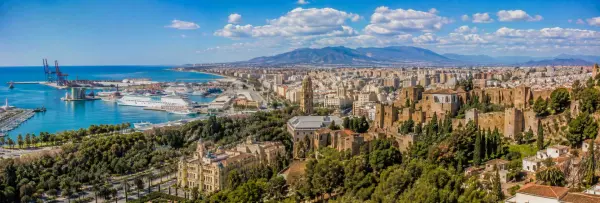 Málaga, Spain panoramic view of the Mediterranean coast, Alcazaba, cathedral and historic city