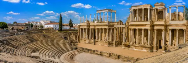 Mérida, Spain, featuring its ancient Roman theatre, stone ruins, and historic cityscape