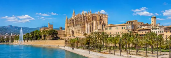 Palma de Mallorca panoramic view of its Gothic cathedral, waterfront, palm trees and Mediterranean Sea