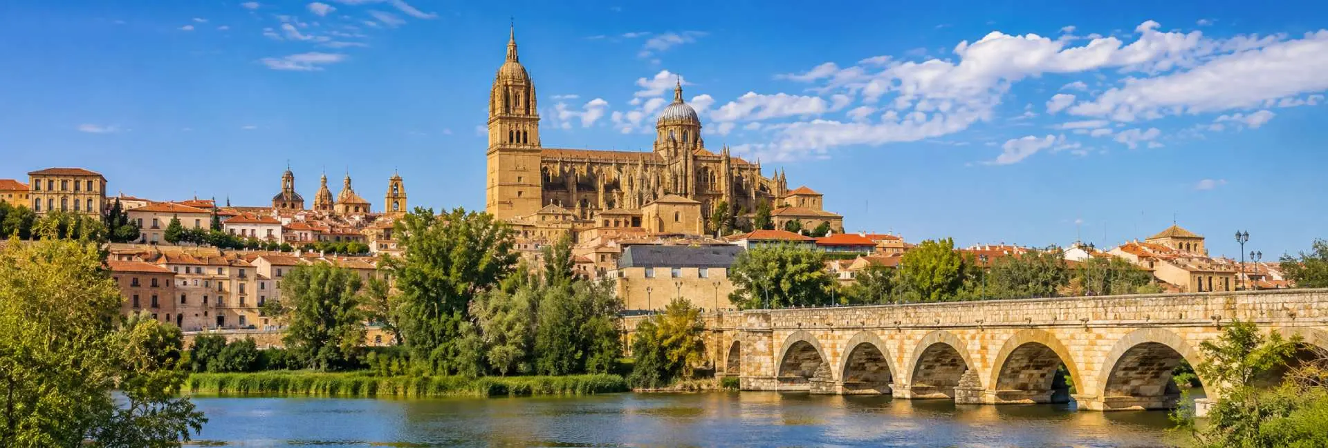 Salamanca, Spain panoramic view of the historic city, cathedral, Roman Bridge and Tormes River