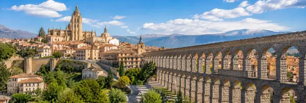 Segovia, Spain panoramic view of the Roman Aqueduct, cathedral, old town and surrounding mountains
