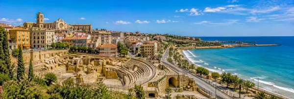 Panoramic view of Tarragona, Spain, with its Roman amphitheater, cathedral, historic city and Mediterranean coast