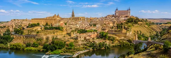 Toledo, Spain panoramic view of historic old town, cathedral, Alcázar and Tagus River