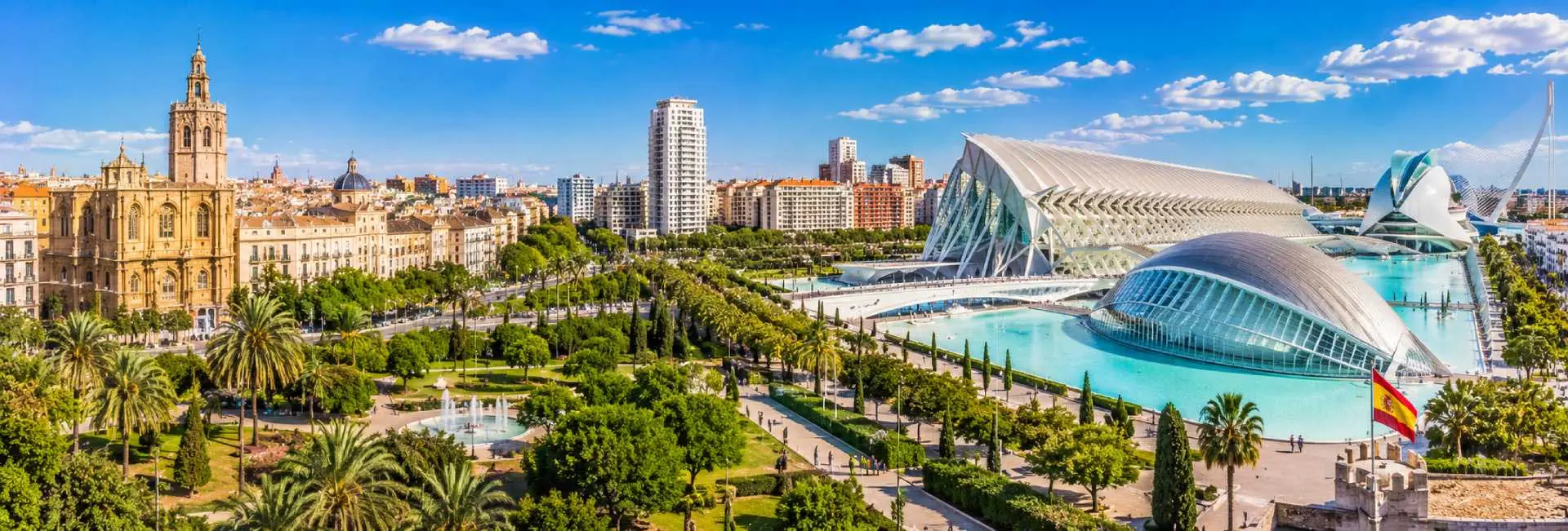 Valencia, Spain panoramic view of the City of Arts and Sciences, historic center and palm-lined gardens