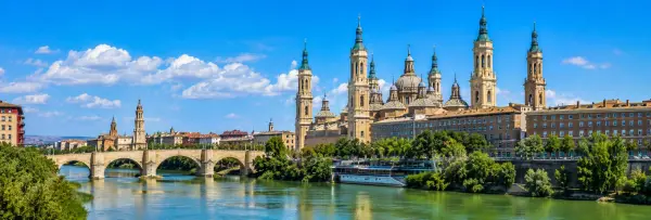 Zaragoza, Spain panoramic view of the Basilica of Our Lady of the Pillar and Ebro River