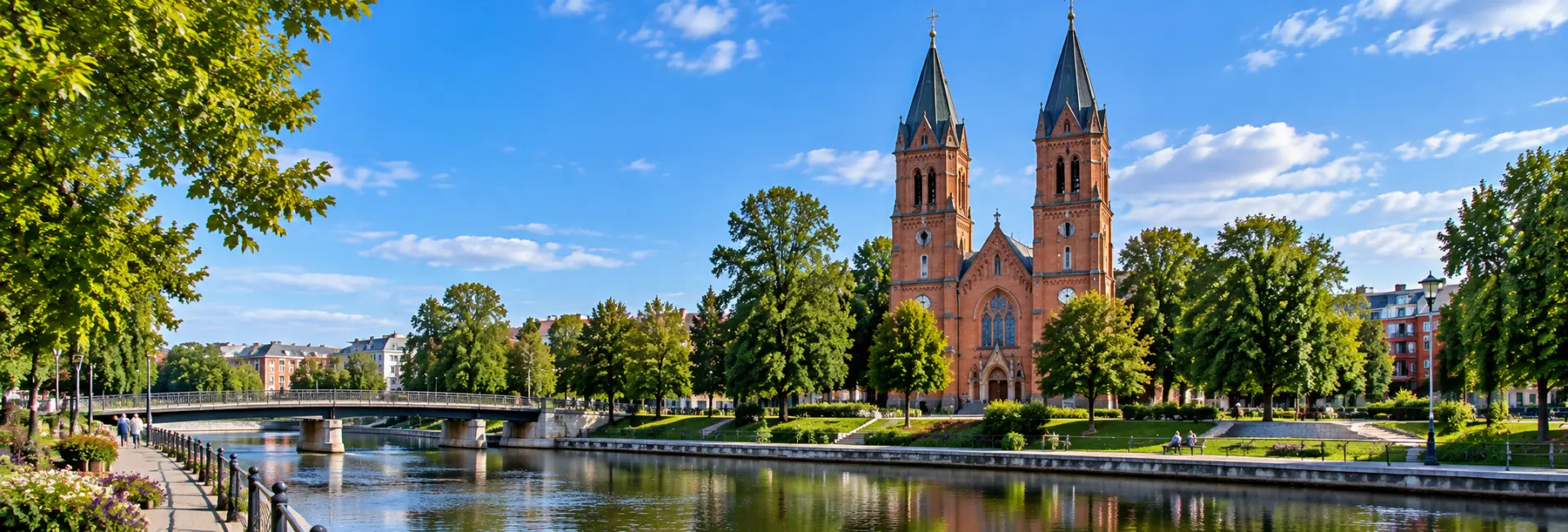 Klosters Church in Eskilstuna, Sweden, beside the Eskilstunaån river and leafy Stadsparken