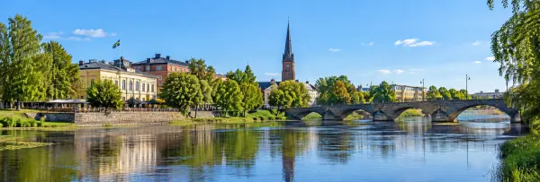 Karlstad, Sweden waterfront with the Klarälven river, historic stone bridge, and Karlstad Cathedral