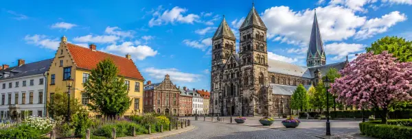 Lund, Sweden, with Lund Cathedral, historic buildings, and colorful gardens