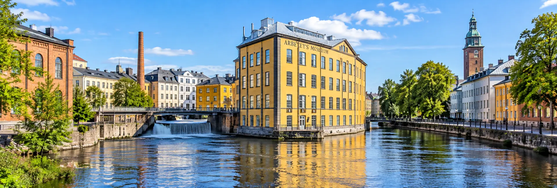 Norrköping, Sweden, with Motala ström, historic industrial buildings and Arbetets Museum