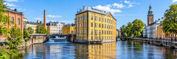 Norrköping, Sweden, with Motala ström, historic industrial buildings and Arbetets Museum