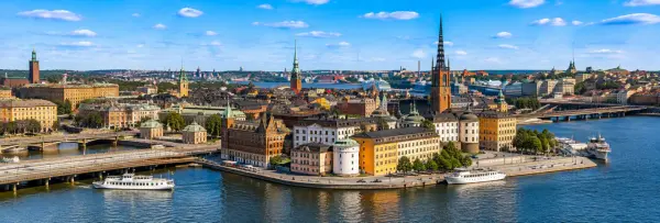 Stockholm cityscape with historic buildings, bridges, waterways and colorful waterfront architecture