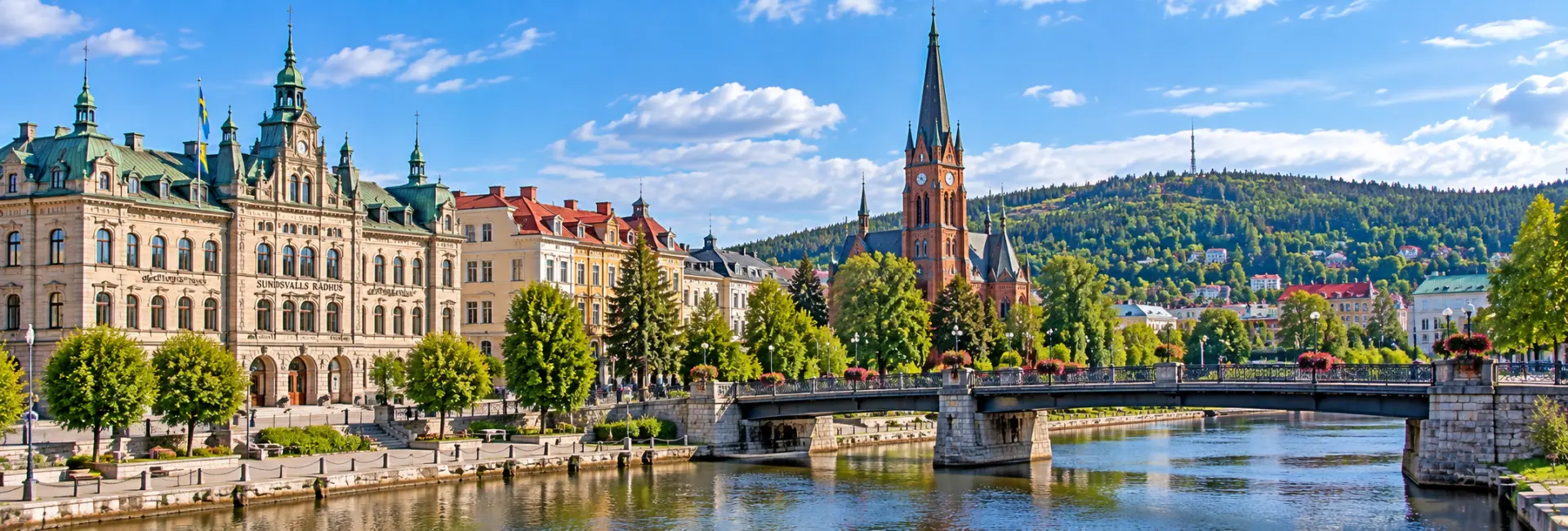 Stenstan in Sundsvall, Sweden, with ornate historic stone buildings and a lively central square