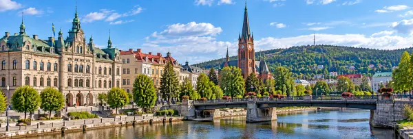 Stenstan in Sundsvall, Sweden, with ornate historic stone buildings and a lively central square