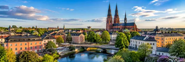 Uppsala, Sweden, with Uppsala Cathedral, historic buildings, and the Fyris River