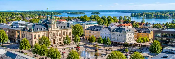 Växjö city centre in Sweden with historic buildings, leafy streets, Stortorget and nearby lakes