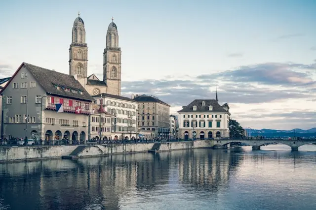 Grossmünster church and Limmat River in Zurich