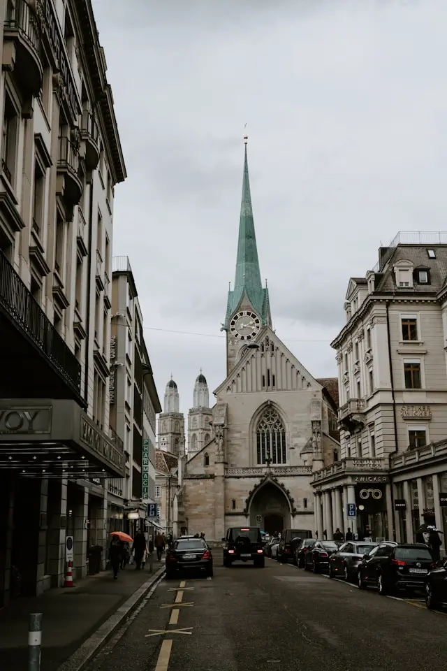 Fraumünster church and city streets in Zurich