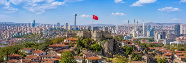 Ankara Castle overlooking historic houses and the modern skyline of Ankara, Türkiye