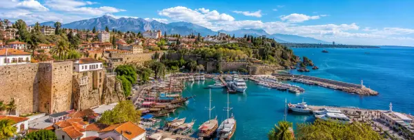 Antalya Kaleiçi old town and marina overlooking the turquoise Mediterranean Sea in Türkiye