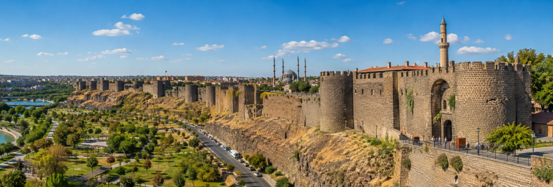 Diyarbakır Fortress with historic basalt walls and towers overlooking the city in Türkiye