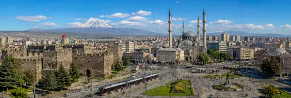 Kayseri Castle and historic mosque with Mount Erciyes overlooking Kayseri, Turkiye