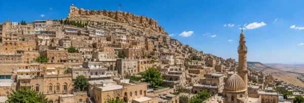 Mardin, Türkiye historic stone city with Mardin Castle and minarets overlooking the Mesopotamian plains
