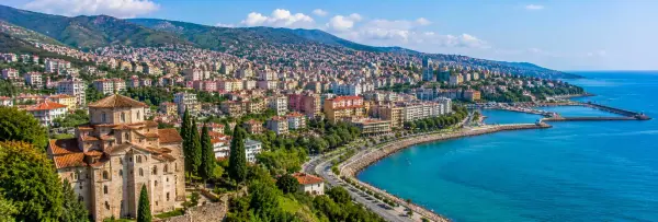 Hagia Sophia of Trabzon overlooking the lush Black Sea city and coastline in Türkiye