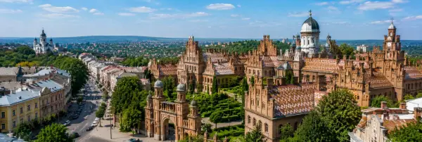 Chernivtsi, Ukraine with historic university buildings, ornate towers, gardens and city skyline