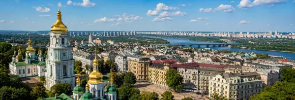 Kyiv, Ukraine panoramic cityscape with historic churches, Dnipro River and skyline