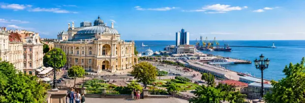 Odesa, Ukraine with the historic Opera House, elegant architecture and Black Sea waterfront