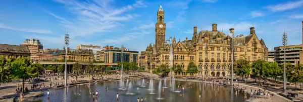 Bradford, United Kingdom City Hall and fountain in a sunny city square