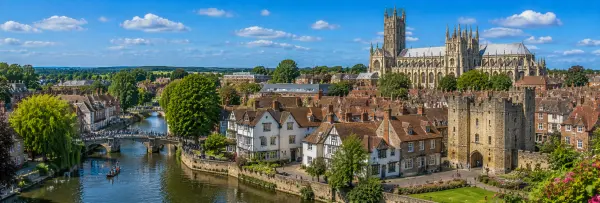 Canterbury, United Kingdom cityscape with Canterbury Cathedral, River Stour and historic buildings