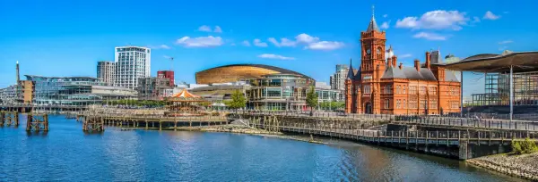 Cardiff, UK panoramic view of Cardiff Bay waterfront, Wales Millennium Centre and city skyline