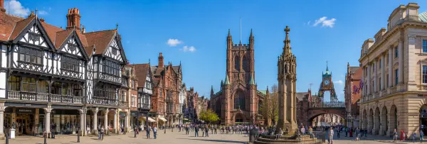 Chester, United Kingdom, featuring historic Tudor buildings, Chester Cathedral and Eastgate Clock