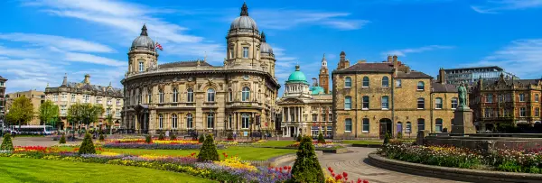 Kingston upon Hull, United Kingdom, with Hull City Hall and colorful flower gardens in Queen Victoria Square
