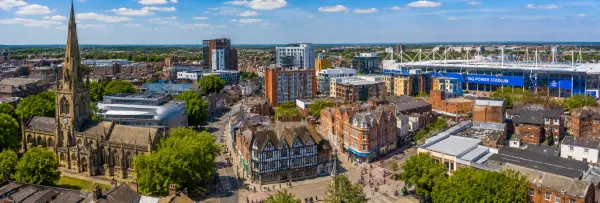 Leicester, United Kingdom skyline with historic architecture and King Power Stadium