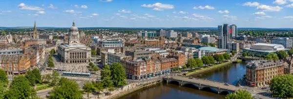Nottingham, United Kingdom skyline with historic buildings, city centre and waterfront