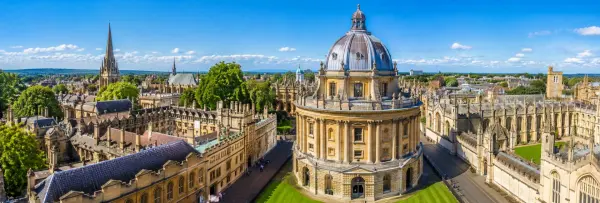 Radcliffe Camera and historic University of Oxford buildings in a panoramic cityscape