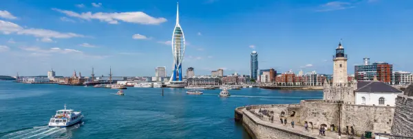 Portsmouth Harbour with the Spinnaker Tower and historic waterfront in southern England